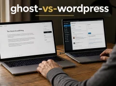Two laptops side by side showing a minimal publishing interface and a fuller CMS dashboard.