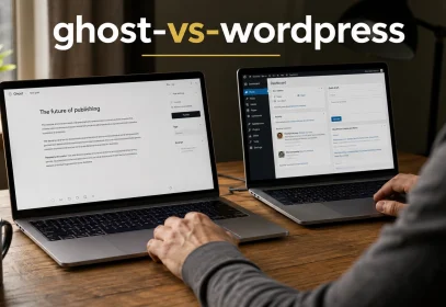 Two laptops side by side showing a minimal publishing interface and a fuller CMS dashboard.