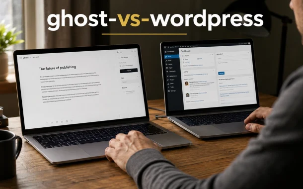 Two laptops side by side showing a minimal publishing interface and a fuller CMS dashboard.