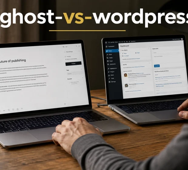Two laptops side by side showing a minimal publishing interface and a fuller CMS dashboard.
