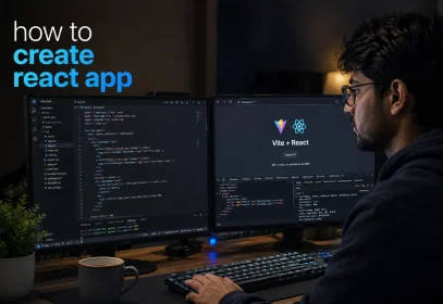 A developer at a two-monitor desk with a React component open in a code editor and the running app in a browser beside it.