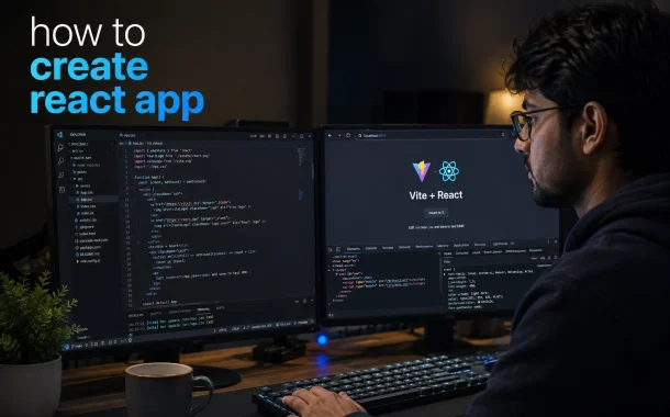 A developer at a two-monitor desk with a React component open in a code editor and the running app in a browser beside it.
