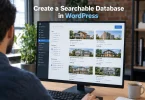 A developer reviewing a searchable database in WordPress on a desktop monitor, with filter controls on the left and property records listed on the right.
