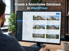 A developer reviewing a searchable database in WordPress on a desktop monitor, with filter controls on the left and property records listed on the right.