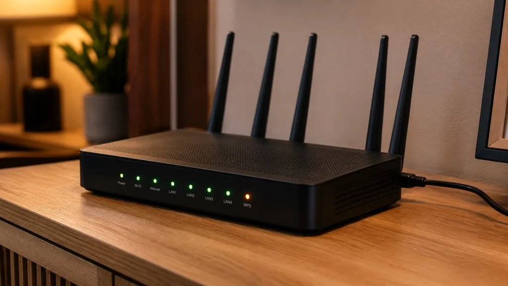 A modern home router with illuminated status lights on a wooden console table, representing the router-level DNS cache that sits between a device and the internet provider resolver.