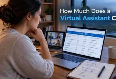 A business owner comparing virtual assistant hourly rates on a spreadsheet with handwritten cost notes beside the laptop.