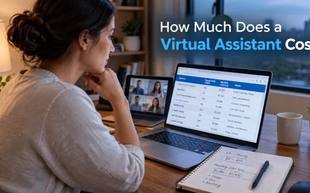 A business owner comparing virtual assistant hourly rates on a spreadsheet with handwritten cost notes beside the laptop.