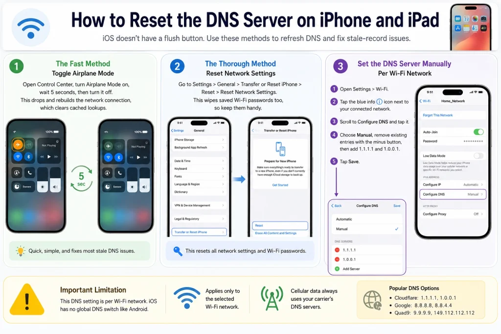 Infographic explaining how to reset the DNS server on an iPhone or iPad using Airplane Mode, Reset Network Settings, and manual DNS configuration with 1.1.1.1 and 1.0.0.1 for a Wi-Fi network.