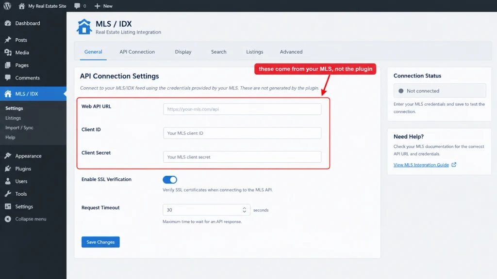 A WordPress MLS plugin settings screen showing empty Web API URL, client ID and client secret fields.