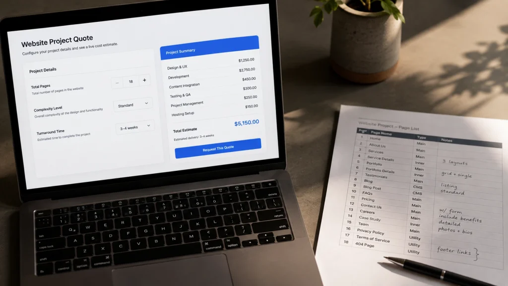 A project quote builder open on a laptop showing per-page costs being calculated for a PSD to Bootstrap conversion.
