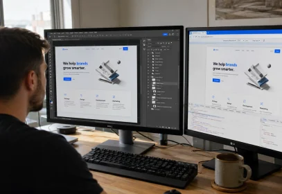 A front-end developer comparing a layered Photoshop design on one monitor with the live browser build on the other during a PSD to Bootstrap conversion.