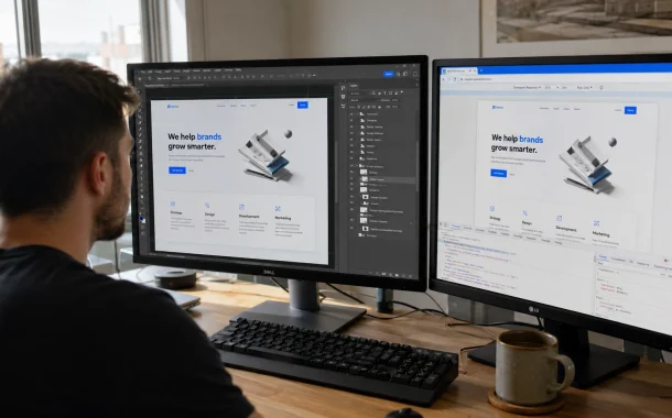 A front-end developer comparing a layered Photoshop design on one monitor with the live browser build on the other during a PSD to Bootstrap conversion.