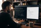 A network engineer at a home office desk running terminal diagnostics on one monitor half while a browser connection error shows on the other, illustrating how to reset a DNS server.