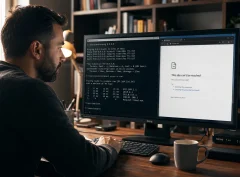 A network engineer at a home office desk running terminal diagnostics on one monitor half while a browser connection error shows on the other, illustrating how to reset a DNS server.