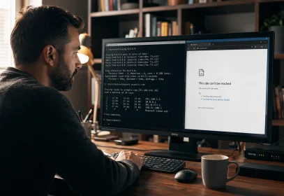 A network engineer at a home office desk running terminal diagnostics on one monitor half while a browser connection error shows on the other, illustrating how to reset a DNS server.