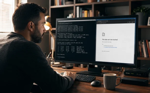 A network engineer at a home office desk running terminal diagnostics on one monitor half while a browser connection error shows on the other, illustrating how to reset a DNS server.