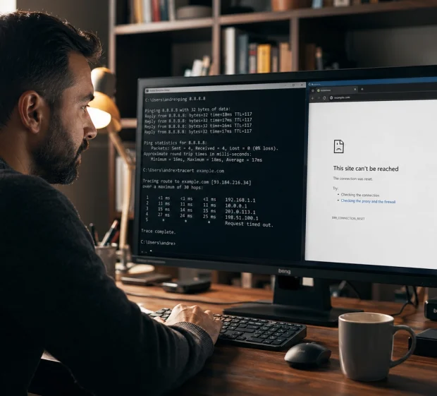 A network engineer at a home office desk running terminal diagnostics on one monitor half while a browser connection error shows on the other, illustrating how to reset a DNS server.