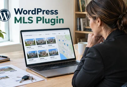 A real estate agent reviewing a property search page with listing cards and a map on a laptop.
