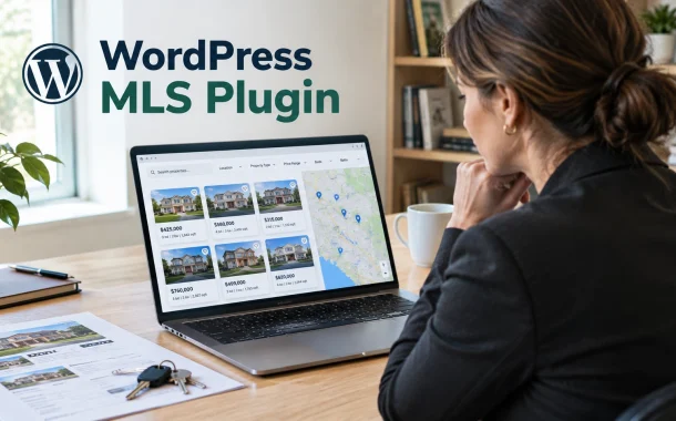 A real estate agent reviewing a property search page with listing cards and a map on a laptop.