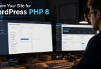 A developer selecting a PHP version in a hosting control panel beside a WordPress dashboard.