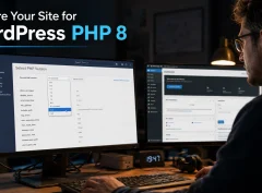 A developer selecting a PHP version in a hosting control panel beside a WordPress dashboard.
