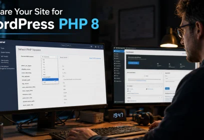 A developer selecting a PHP version in a hosting control panel beside a WordPress dashboard.
