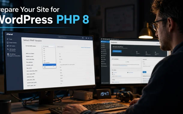 A developer selecting a PHP version in a hosting control panel beside a WordPress dashboard.