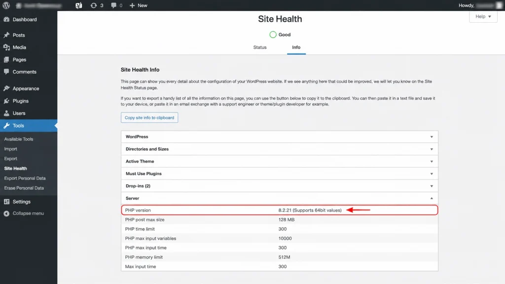 The WordPress Site Health Info screen showing the server PHP version currently running.