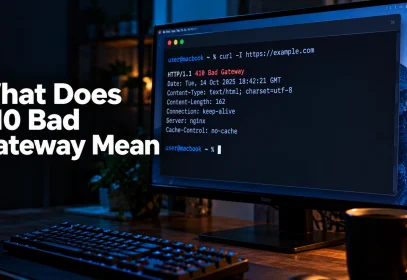 Terminal showing a curl command and HTTP status line, with the heading What Does 410 Bad Gateway Mean overlaid