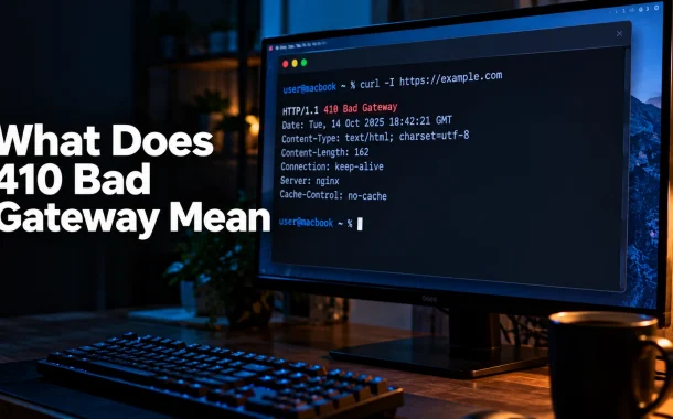 Terminal showing a curl command and HTTP status line, with the heading What Does 410 Bad Gateway Mean overlaid