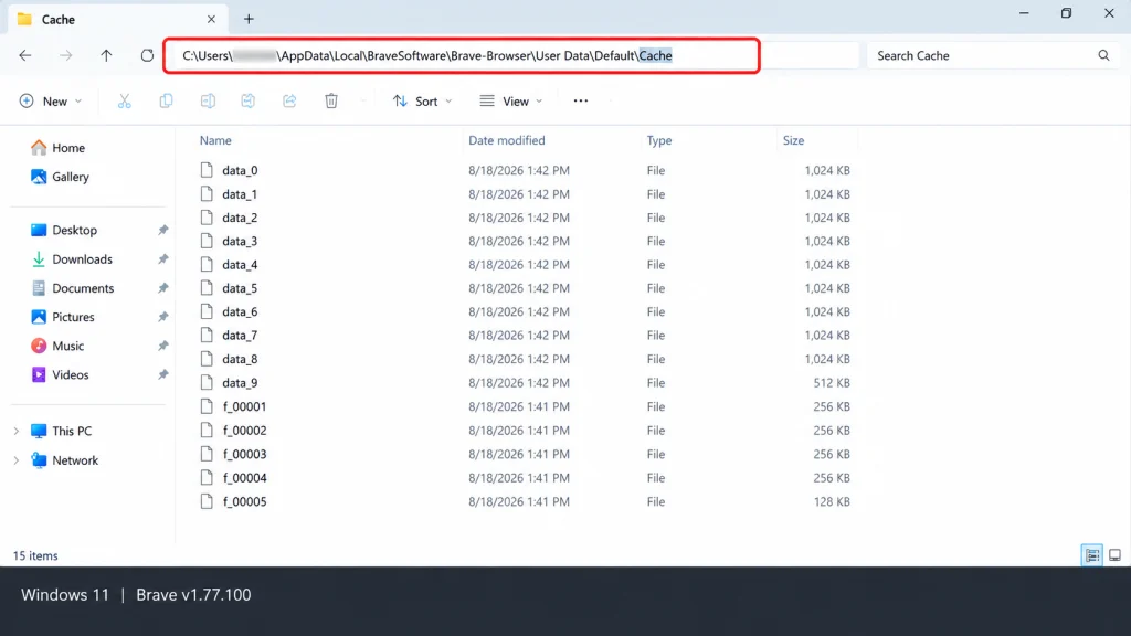 A file explorer window showing the Brave cache folder contents with the full folder path visible in the address bar.