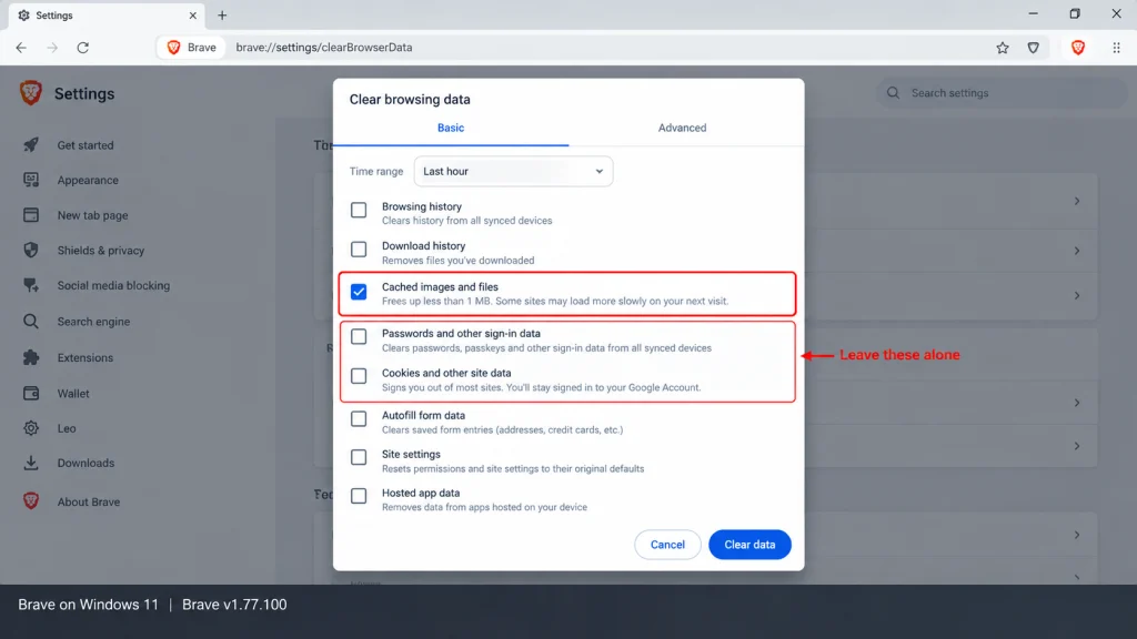 The Brave Clear browsing data dialog with only the cached images and files checkbox ticked, and the passwords and cookies rows marked to leave alone.