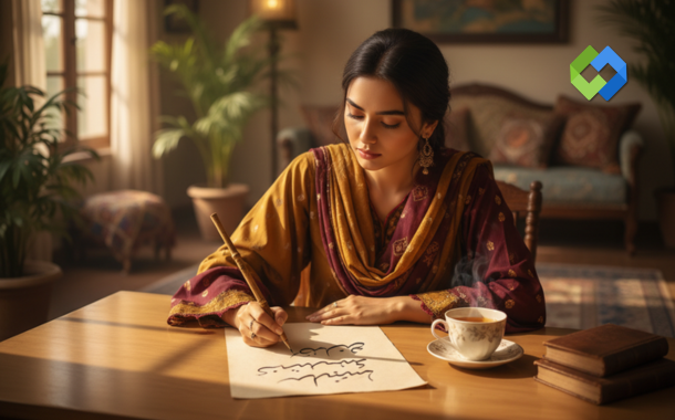 Pakistani woman doing handwriting calligraphy work from home in Pakistan