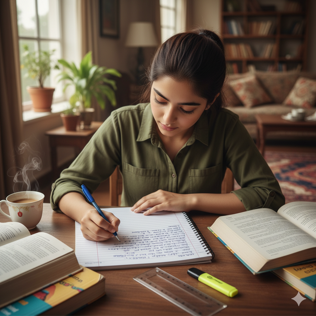 Pakistani student writing neat handwritten academic notes — an easy handwriting job from home for students
