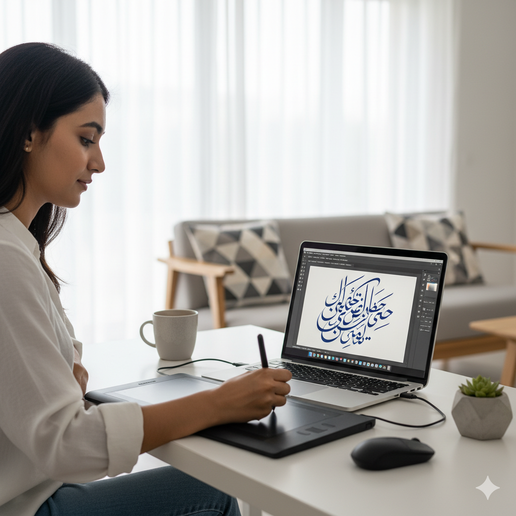 Pakistani freelancer doing digital handwriting and hand lettering on a drawing tablet — an online handwriting job from home