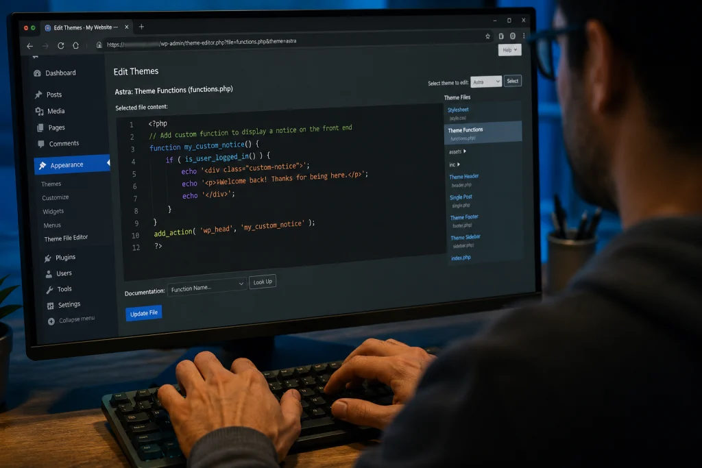 A developer adding a PHP search filter snippet in a browser-based code editor.