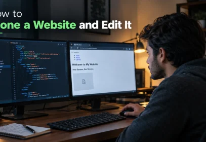 A developer at two monitors with a code editor on one and a partly broken cloned page rendering in a browser on the other.