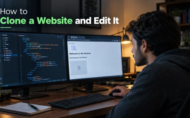 A developer at two monitors with a code editor on one and a partly broken cloned page rendering in a browser on the other.