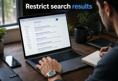 A developer reviewing a website's internal search results page on a laptop.