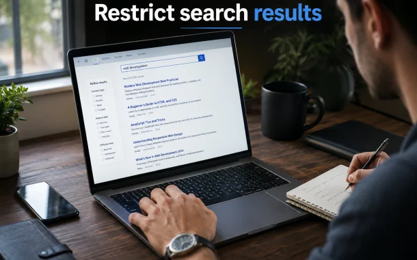 A developer reviewing a website's internal search results page on a laptop.