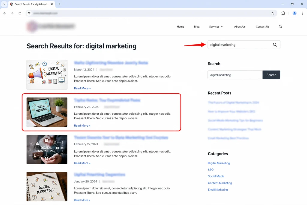 A WordPress front-end search results page showing matching posts for a query.