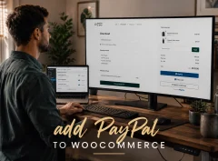 A store owner reviewing the payment buttons on their WooCommerce checkout page on a desktop monitor.