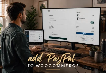 A store owner reviewing the payment buttons on their WooCommerce checkout page on a desktop monitor.