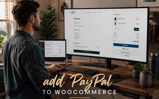 A store owner reviewing the payment buttons on their WooCommerce checkout page on a desktop monitor.