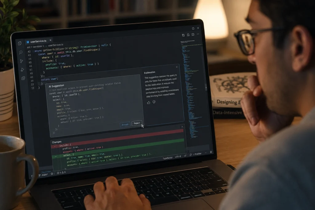 A developer examining an AI code suggestion in an editor with the reject control highlighted, alongside a diff view showing added and removed lines.