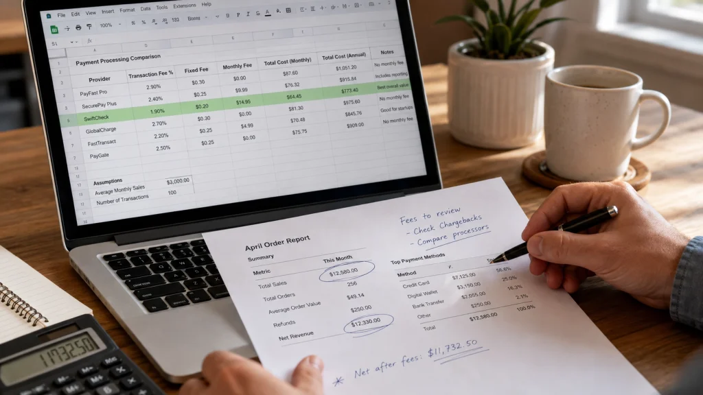 A store owner comparing PayPal payment processing rates in a spreadsheet next to an annotated order report.