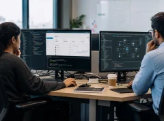 Two developers working side by side in an office, one switching between front-end and back-end windows and one studying a system architecture diagram, illustrating the full stack developer vs software engineer comparison.