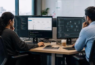 Two developers working side by side in an office, one switching between front-end and back-end windows and one studying a system architecture diagram, illustrating the full stack developer vs software engineer comparison.