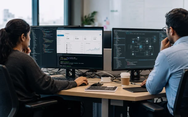 Two developers working side by side in an office, one switching between front-end and back-end windows and one studying a system architecture diagram, illustrating the full stack developer vs software engineer comparison.