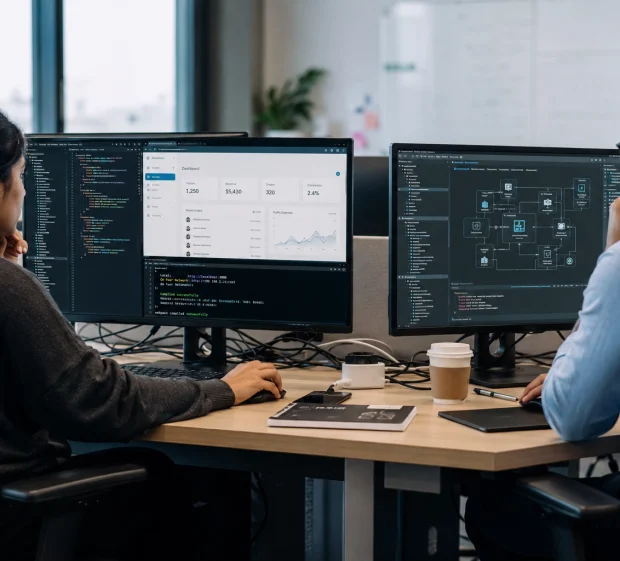 Two developers working side by side in an office, one switching between front-end and back-end windows and one studying a system architecture diagram, illustrating the full stack developer vs software engineer comparison.